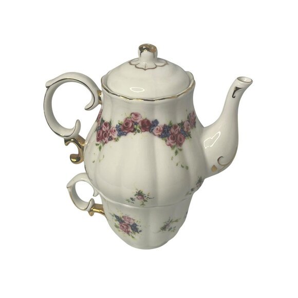 Vintage Floral Porcelain Stacking Teapot and Teacup Set with Gold Accents - Picture 9 of 11